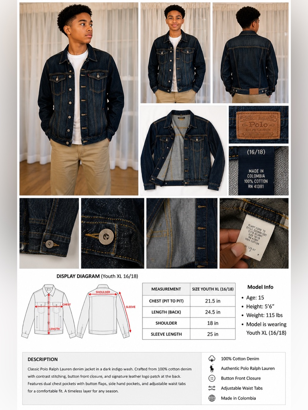 Polo Ralph Lauren Dungarees Dark Wash Denim Trucker Jacket Kid’s  XL 16/18